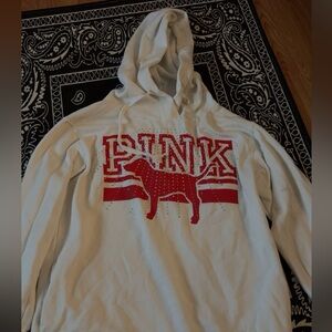 PINK White Hoodie with Red Logo